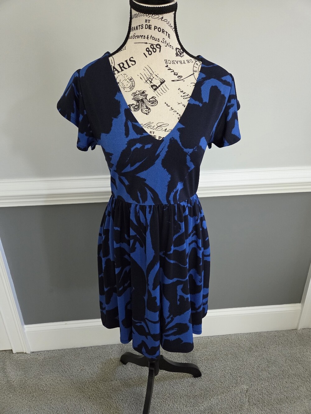 Abound Blue And Black Floral Print Skate Dress With Short Flutter Sleeves